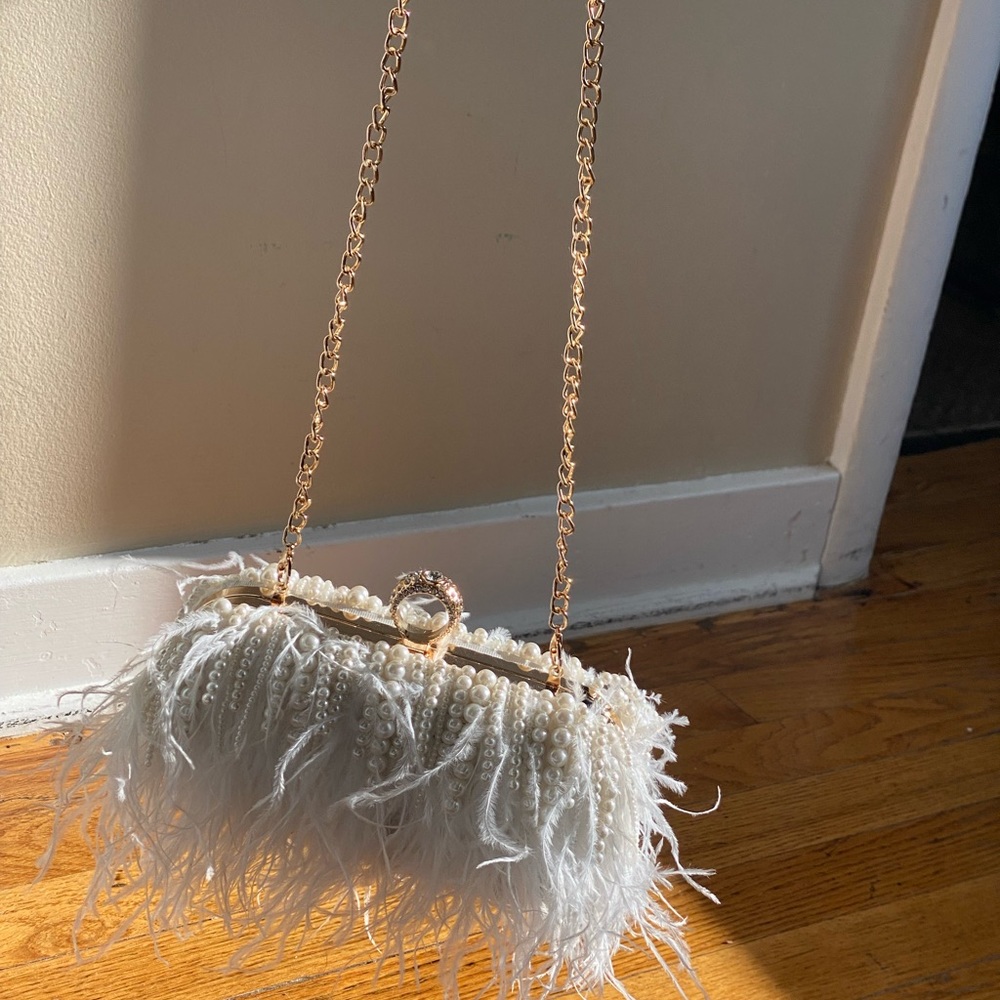 Feather and pearl bridal clutch with two removable strap options